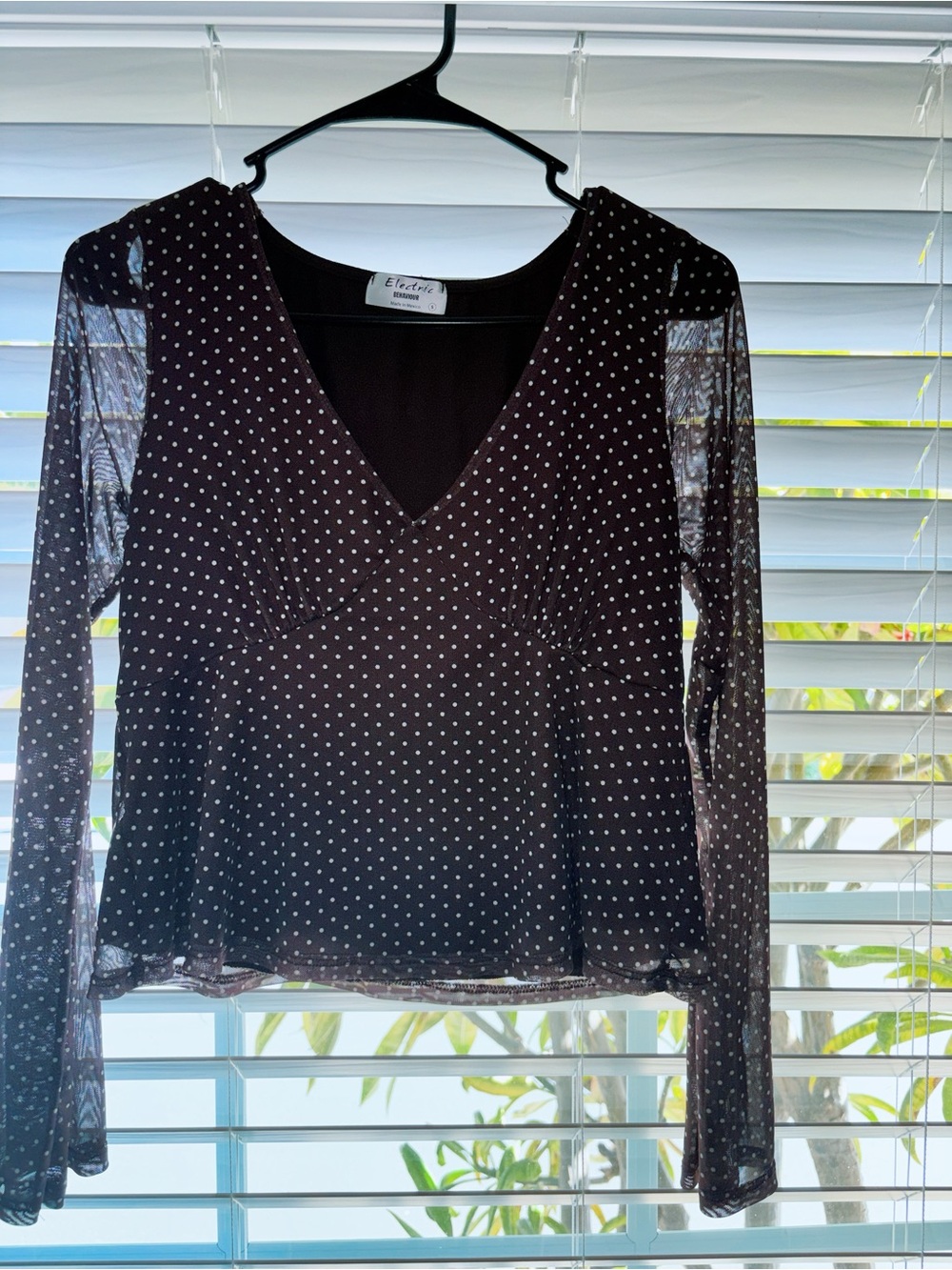 Sheer Polka Dot Long-Sleeve V-Neck Top - Black